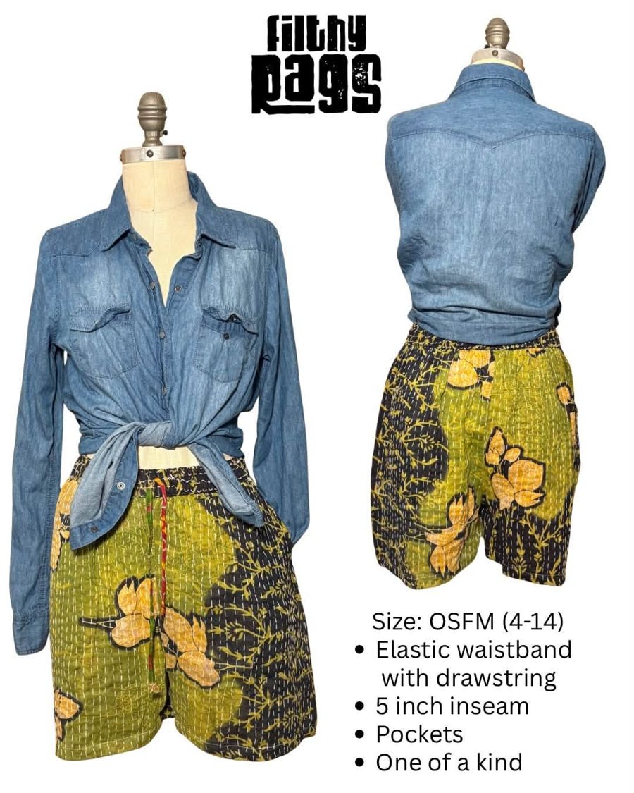 Green and gold floral patchwork shorts with a denim shirt