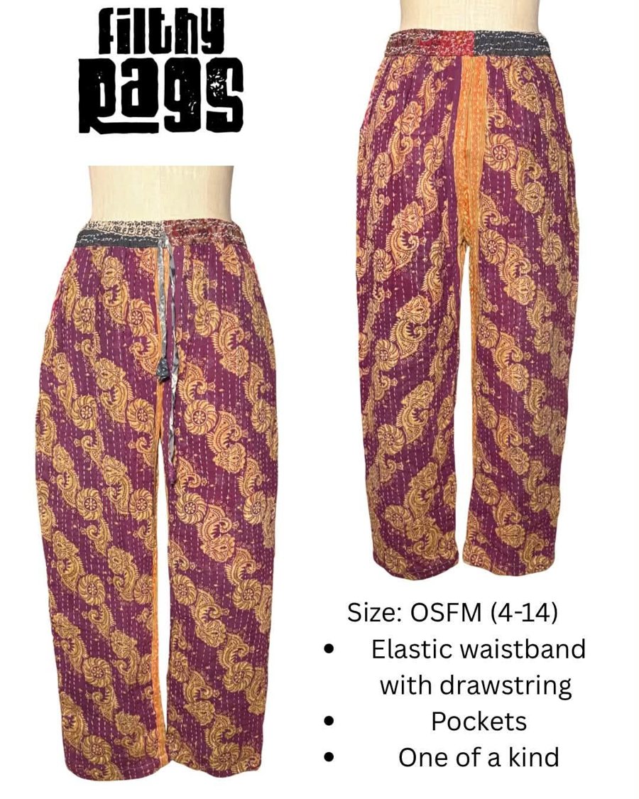 Purple and gold patchwork pants, front and back