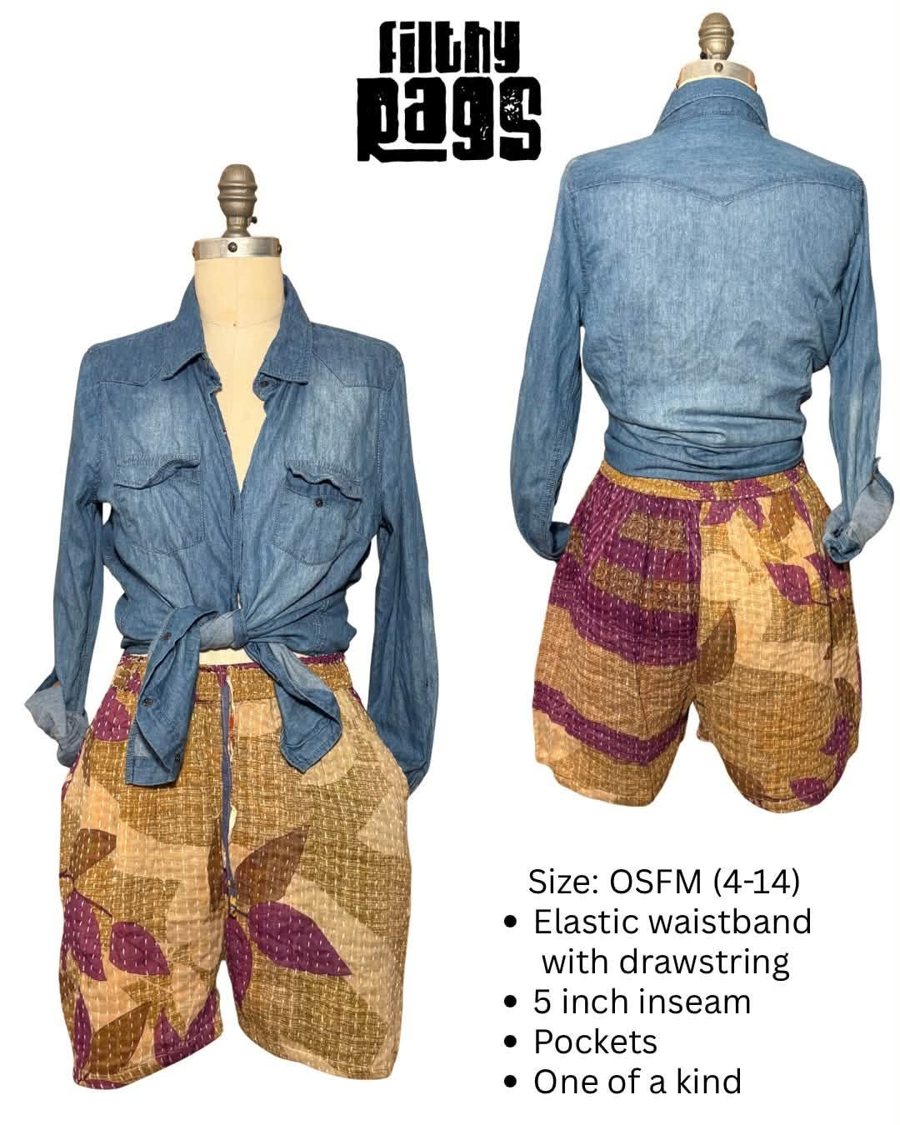 Tan and berry leaf patchwork shorts with a denim shirt