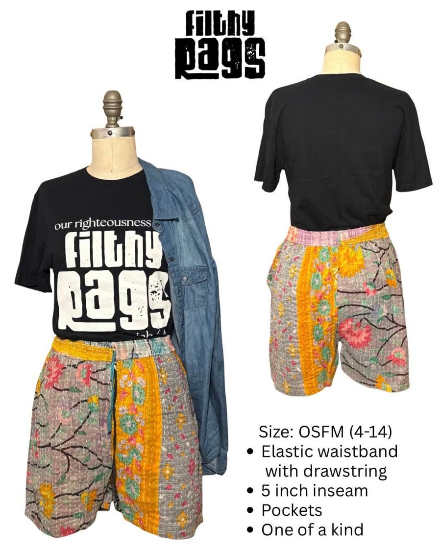 Floral patchwork shorts with a Filthy Rags tee and denim shirt