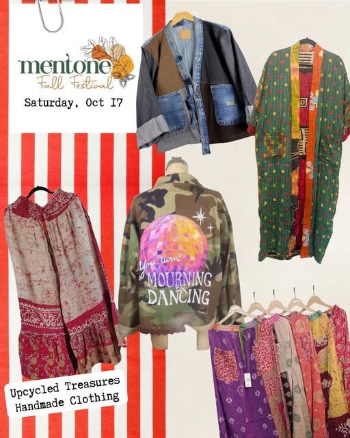 Filthy Rags flyer for the Mentone Fall Festival with patchwork jackets, a kimono and skirts